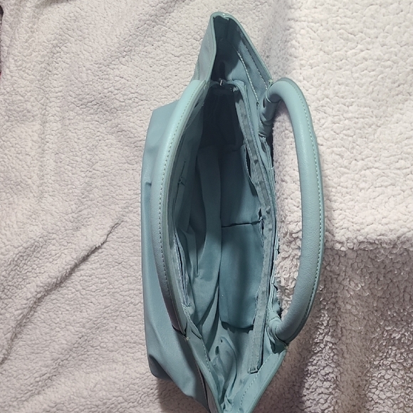 Y2K Blue Faux Leather Shoulder Bag | Slouchy Mini Tote w/ Zip Pockets - Picture 13 of 16